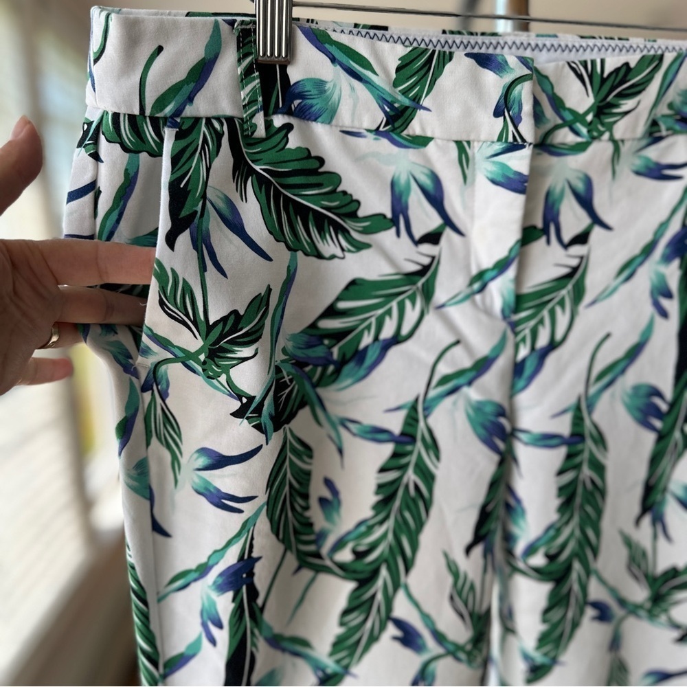 Kenar Green and White Leaf Print Pants, Cropped, Stretch